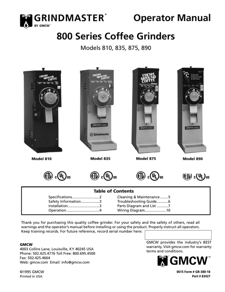 800 Series Coffee Grinder Operator Manual Manualzz