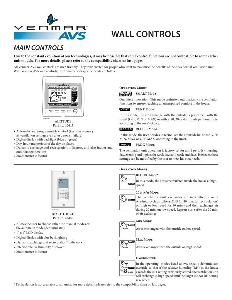 40350 Venmar CONSTRUCTO Wall Control tillescenter HVAC Equipment
