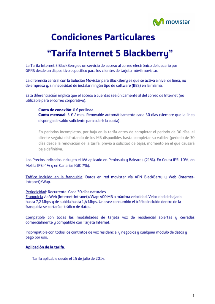 Condiciones Particulares Tarifa Internet 5 Blackberry Pdf 112 Kb Manualzz