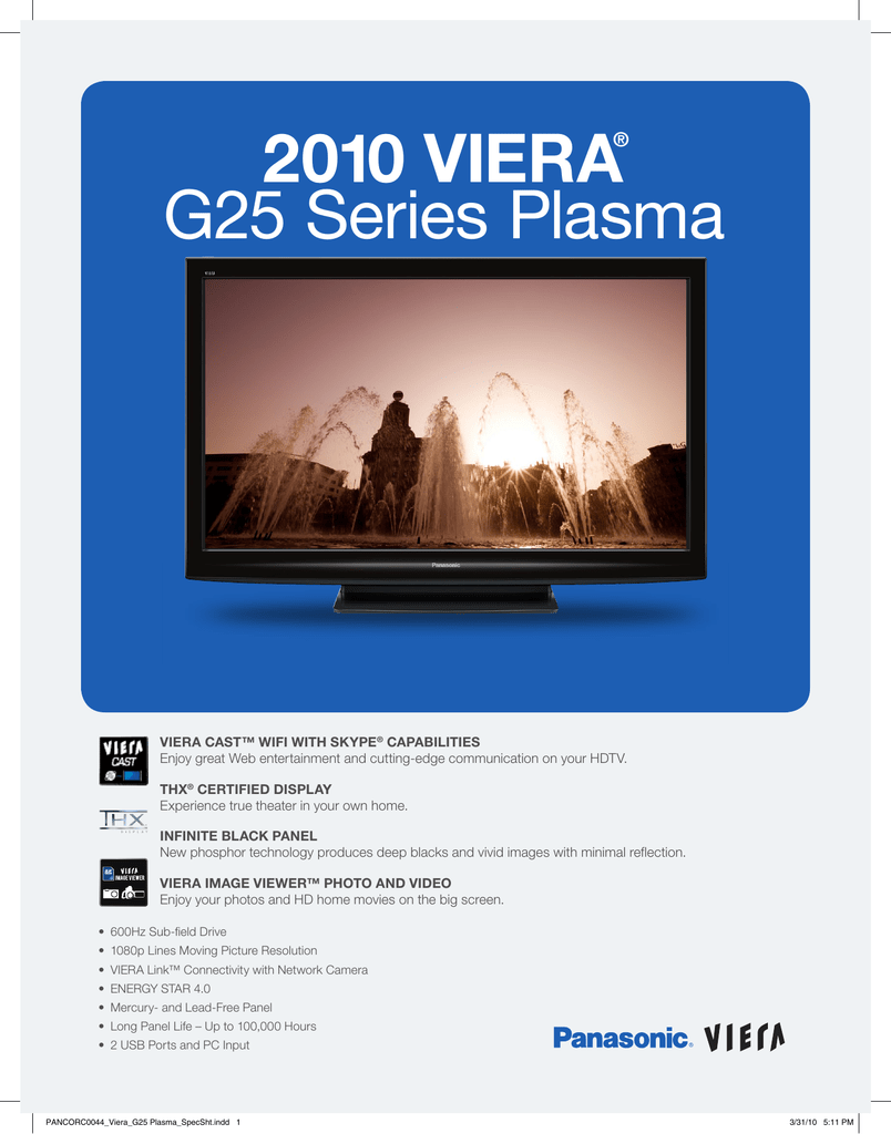 Panasonic Tc P46g25 Product Sheet Manualzz