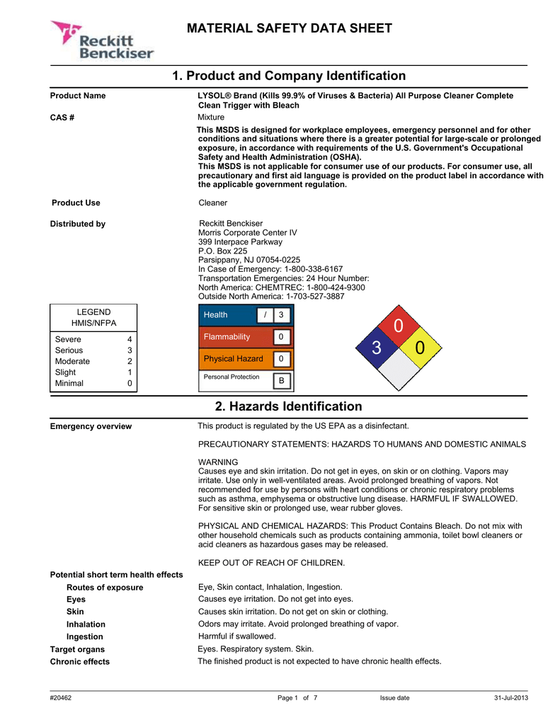 Lysol All Purpose Cleaner With Bleach Sds Manualzz