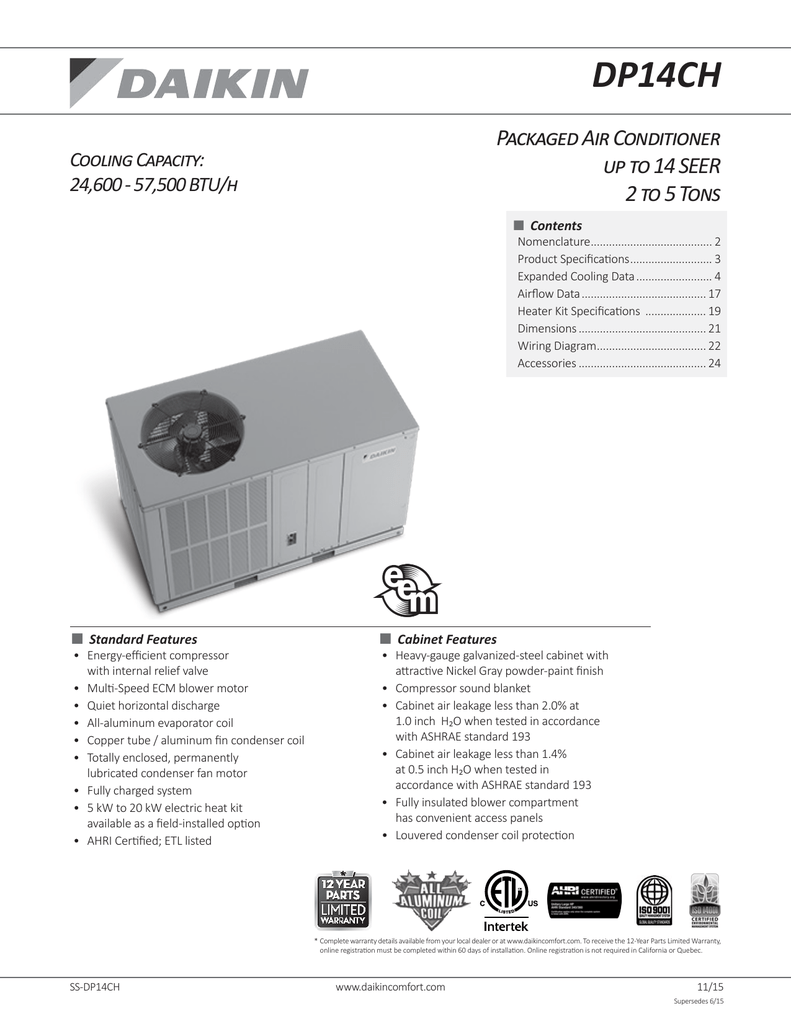 DP14CH Packaged Air Conditioner up to 14 SEER 2 to 5 Tons | Manualzz