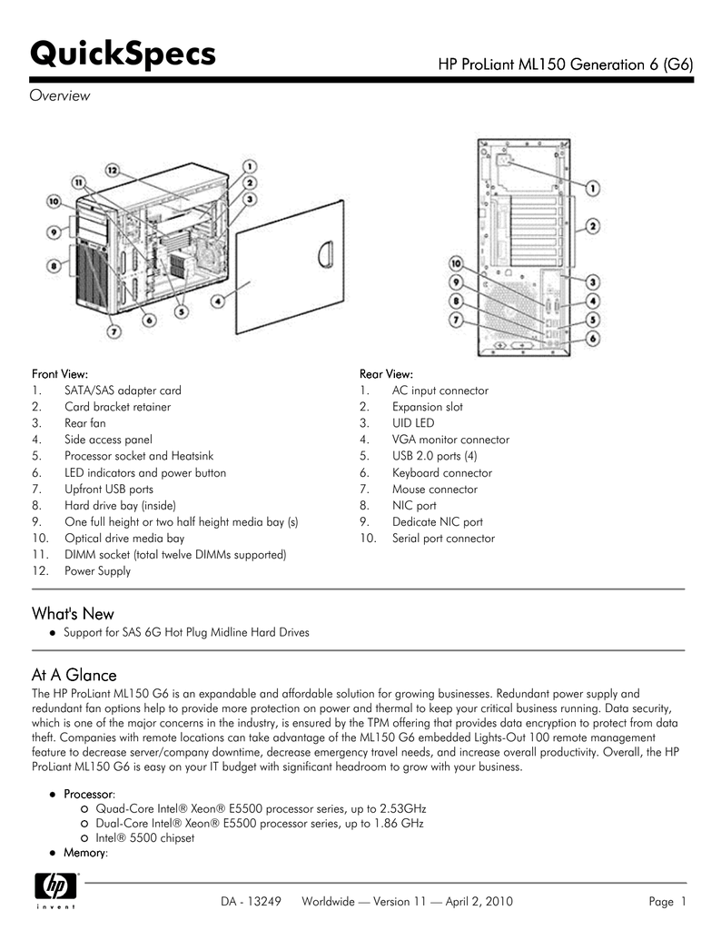 Quickspecs Hp Proliant Ml150 G6 1 Mb Manualzz