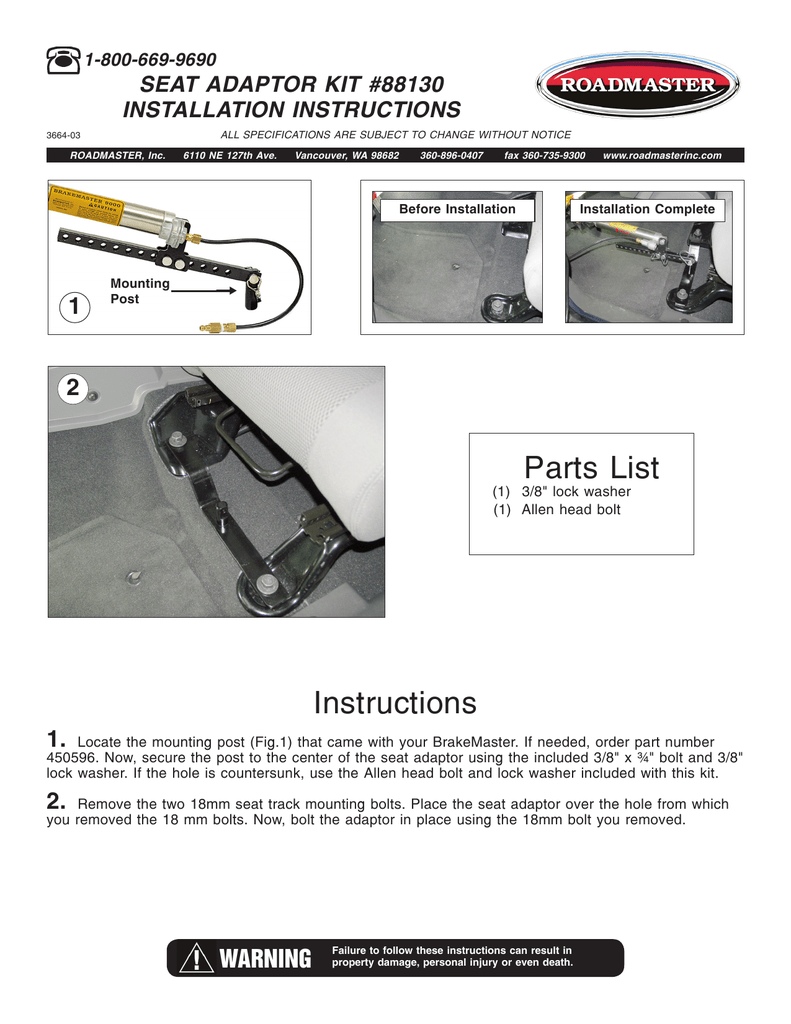 Toys Tow Bars Roadmaster 88130 Seat Bracket Adapter