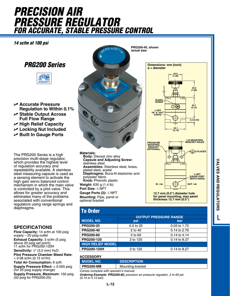95 scfm 3/8 BSPP Precision Regulator 7.25 to 232 psi