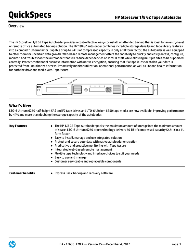 QuickSpecs HP StoreEver 1/8 G2 Tape Autoloader Overview Manualzz