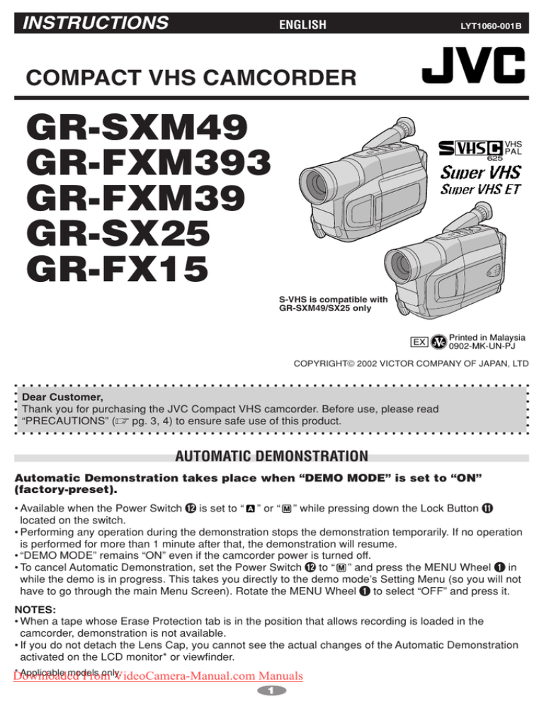 JVC GR-FXM39E VHS-C User Guide Manual Pdf | Manualzz