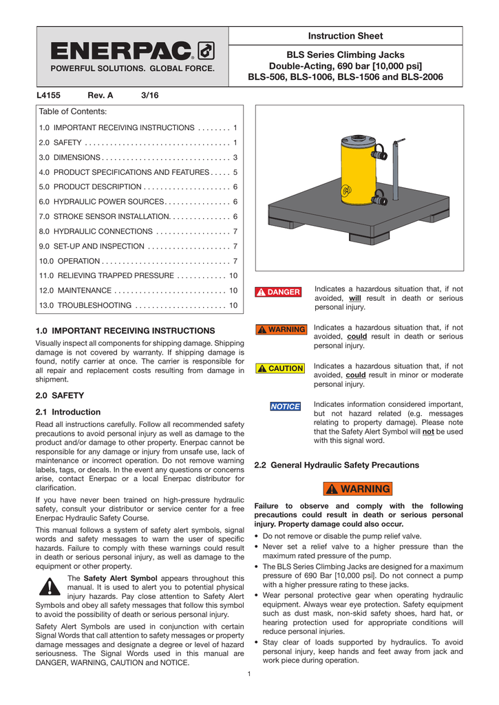 Enerpac BLS2006 Instruction Sheet Manualzz