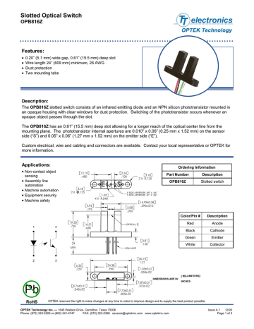 1 Pc. New ! OPTEK OPB813S High Resolution slotted Optical Switch