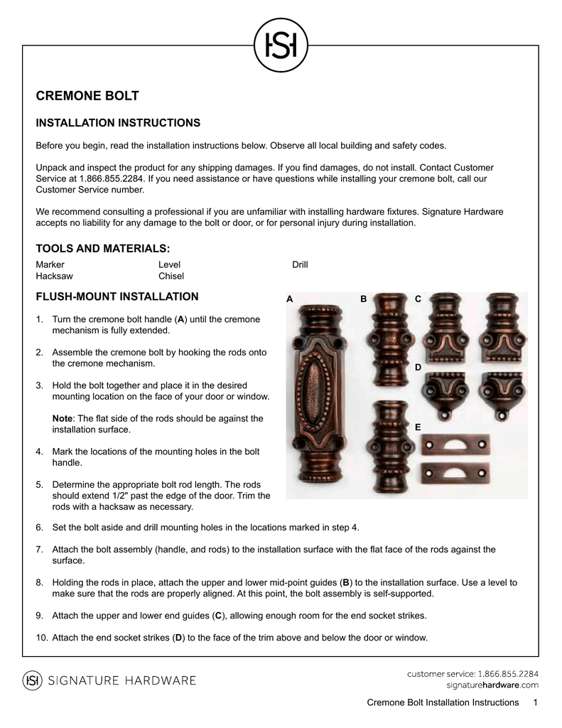 CREMONE BOLT INSTALLATION INSTRUCTIONS Manualzz