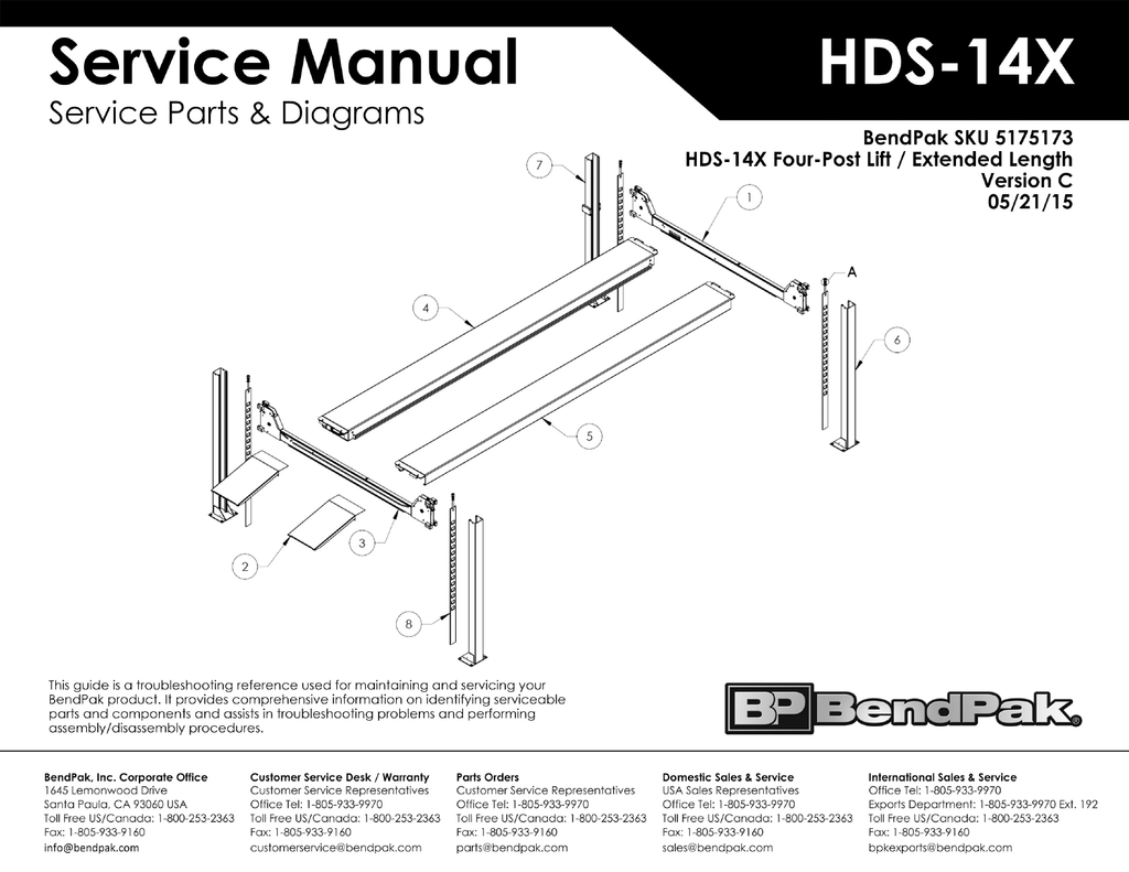 BendPak5175173HDS14XFourPostCarLiftExplodedViewPartsListVer