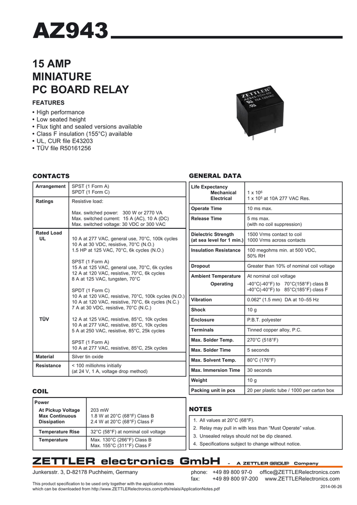 Az943 15 Amp Miniature Pc Board Relay Manualzz