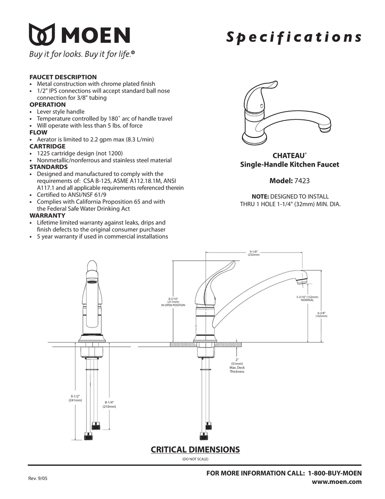 S P E C I F I C A T I Chateau Single Handle Kitchen Faucet Model Manualzz