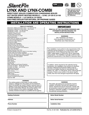 Slant/Fin Lynx LX-90, LX-120, LX-150, Lynx Combi LX-120CB, LX-150CB ...