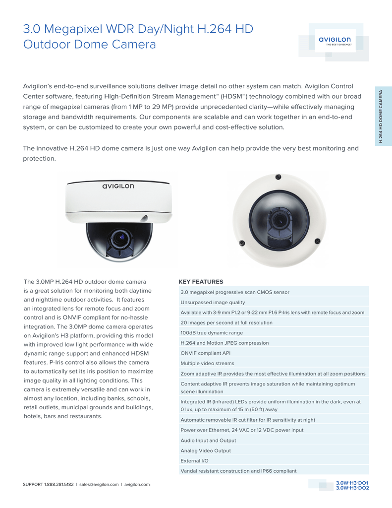 Network Avigilon 3.0 MP 3.0W-H3-DO1-IR Dome Outdoor//Indoor Video Zoom Camera