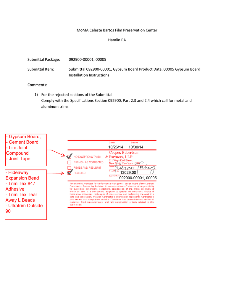 092900 00001 Gypsum Board Data 00005 092900 00001 Gypsum Board Data 00005 Installation Instructions No Exceptions Rejected