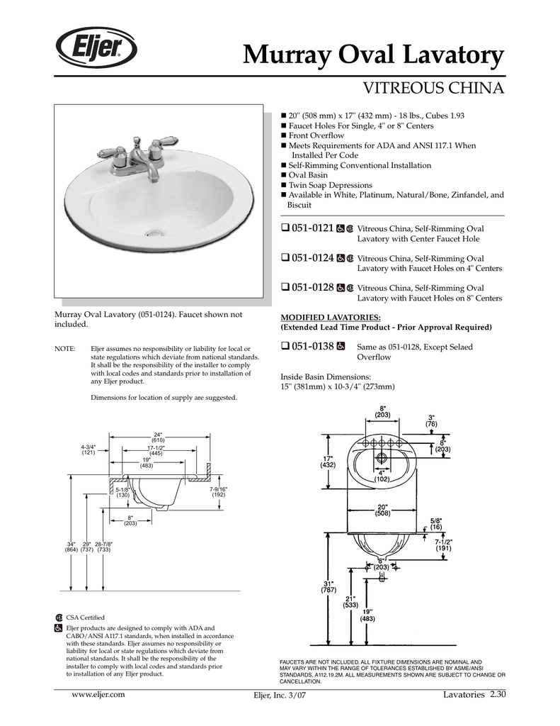 Murray Oval Lavatory VITREOUS CHINA Manualzz