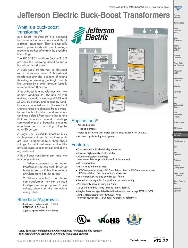 Acme Buck Boost Transformer Sizing Chart