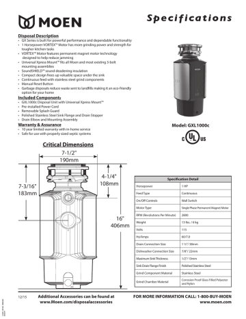 Moen GXL1000C 1 HP Continuous Feed Garbage Disposal Spec sheet | Manualzz