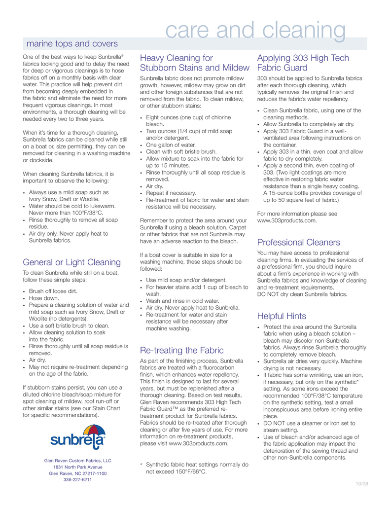 Sunbrella Cleaning Chart