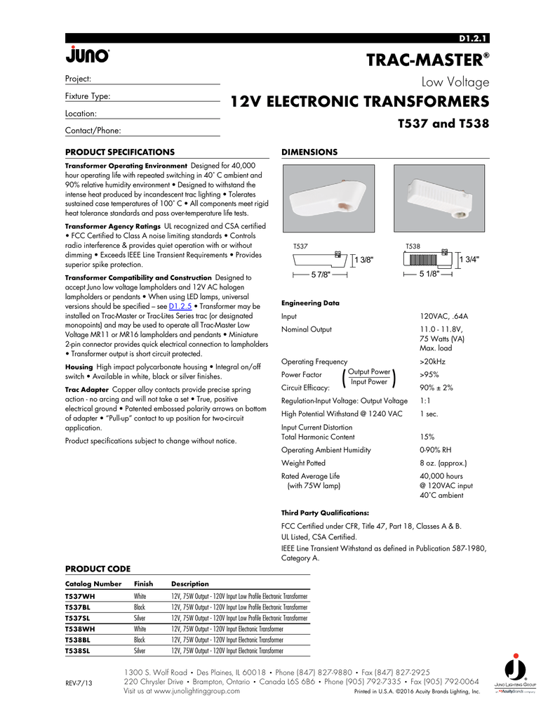 1 Juno Lighting T537SL Trac-Master Low Profile 12V Electronic Transformer Silver