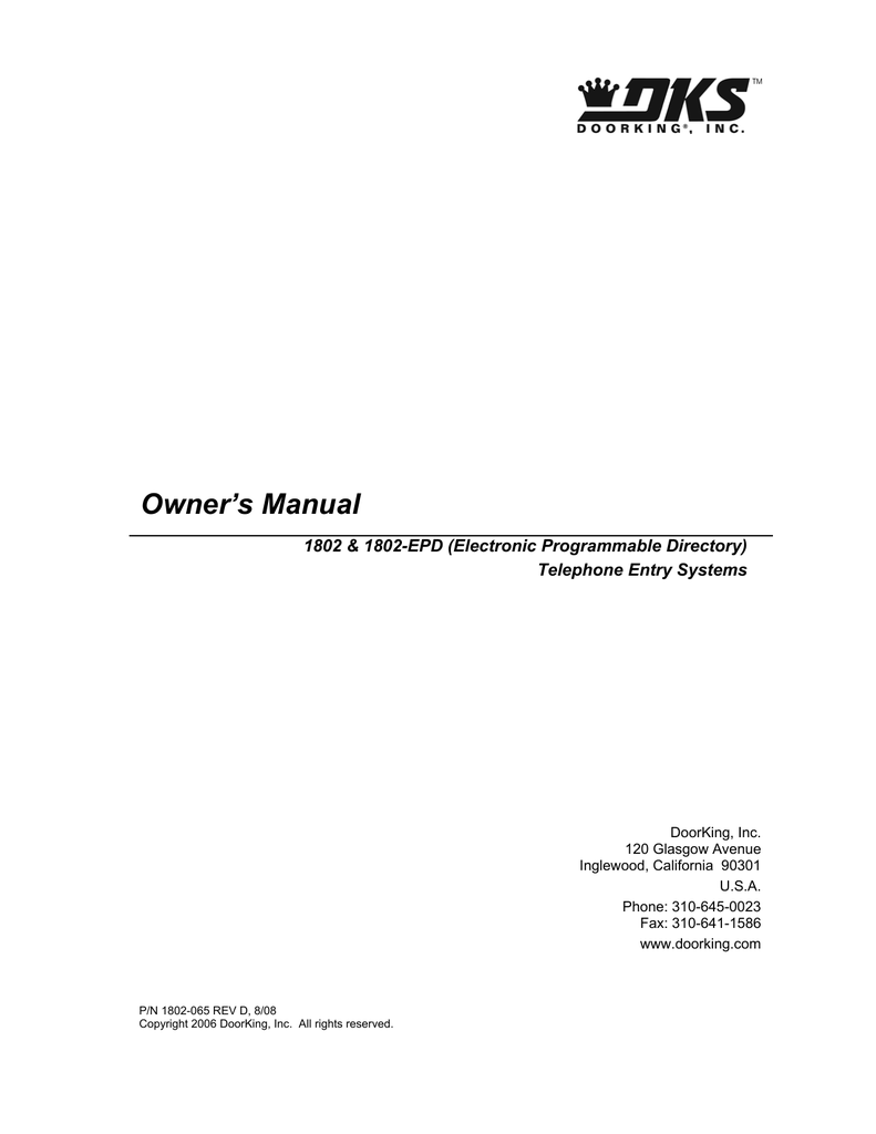 Doorking 1802 Telephone Entry Systems Manual Manualzz