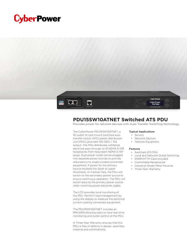 1U Rackmount CyberPower PDU15SW10ATNET Switched ATS PDU 100-120V//15A 10 Outlets