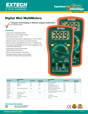 Extech Instruments Mn35 Digital Mini Multimeter Datasheet 