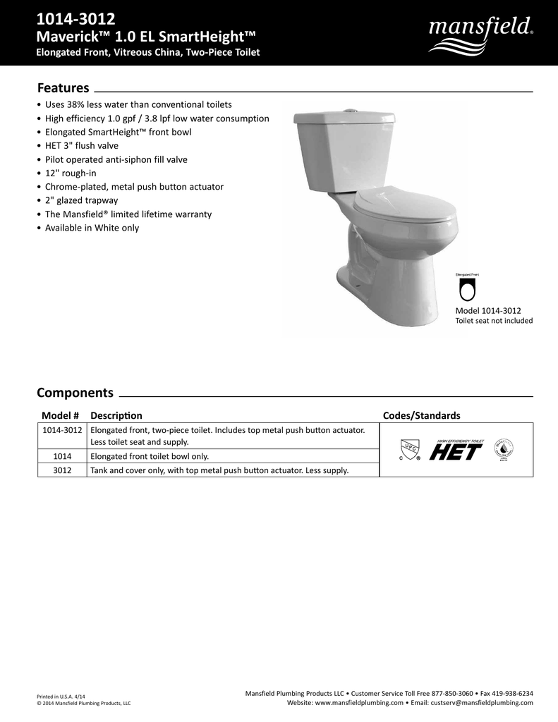 Toilet Bowl ONLY White Mansfield Plumbing 148 Quantum Elongated Front