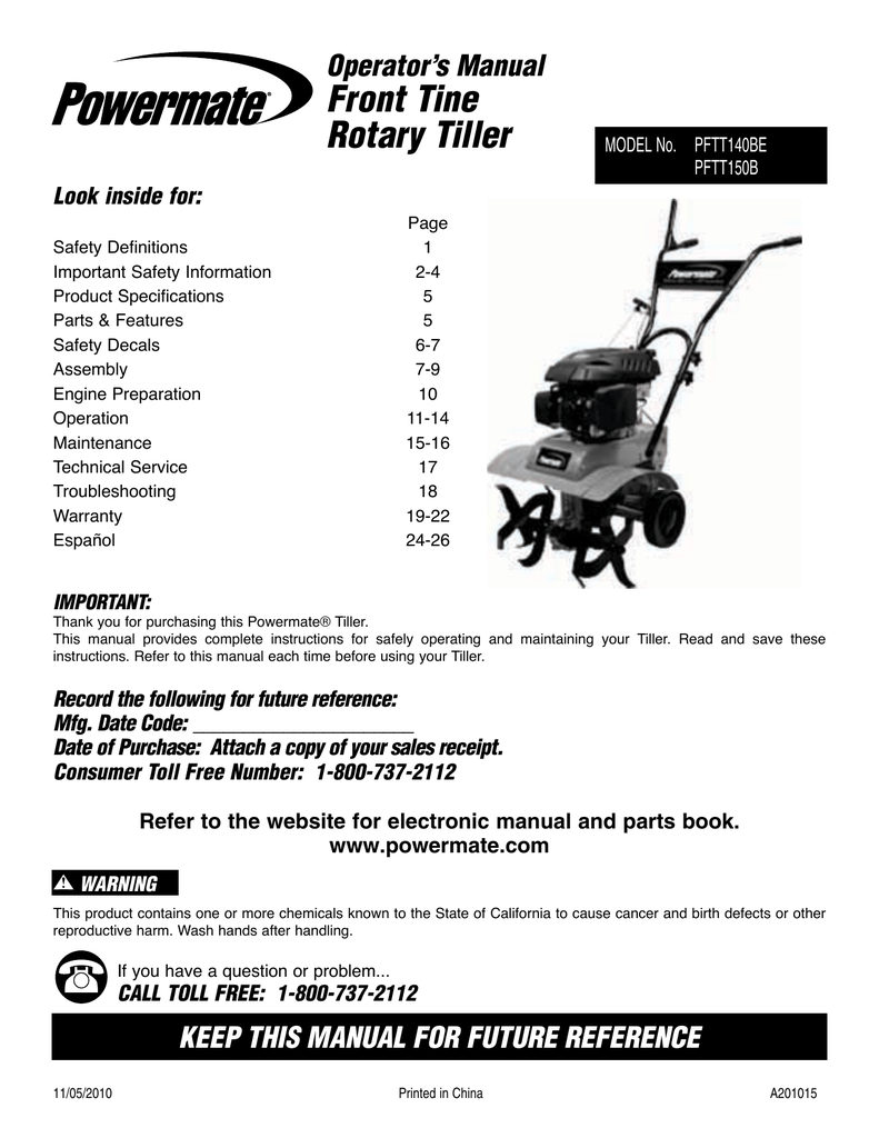 Powermate Front Tine Tiller Operator's Manual for Model PFTT140BE
