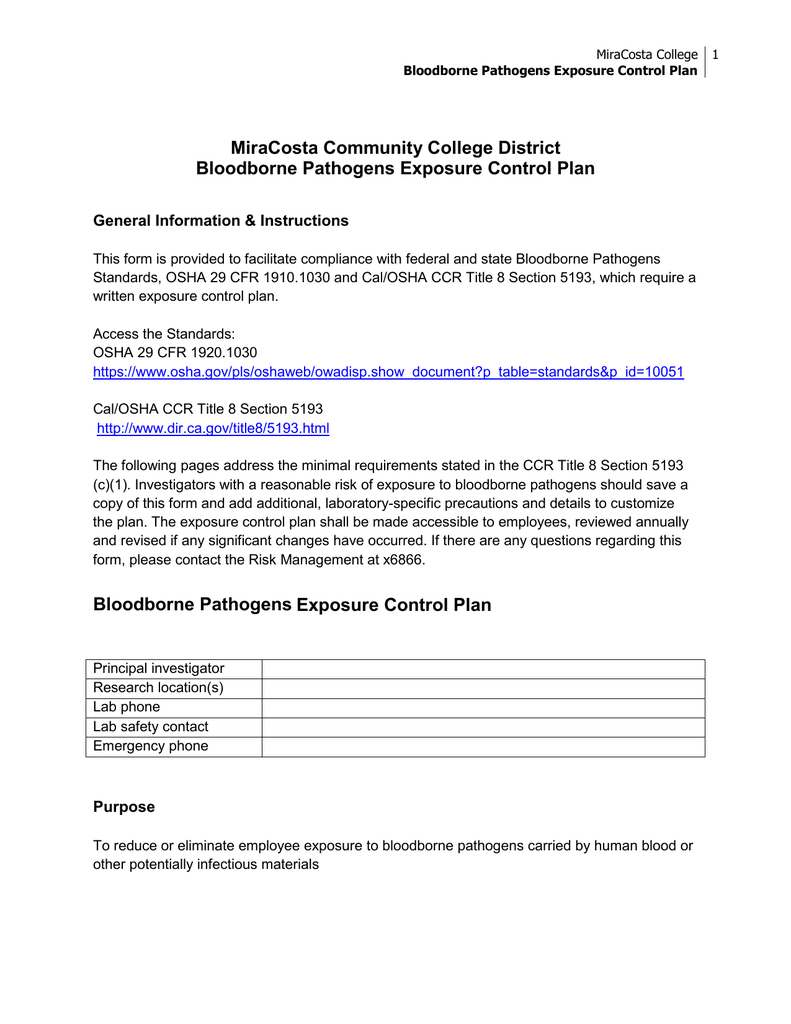bloodborne pathogens exposure control plan manualzz com osha exposure control plan