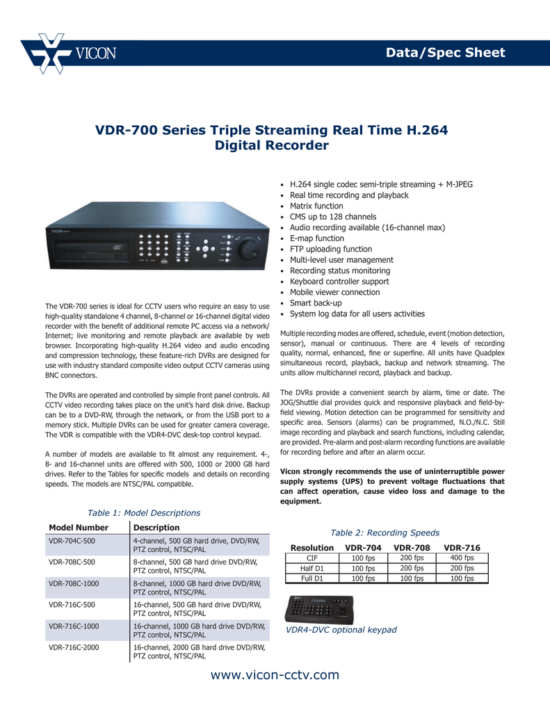Vicon VDR-704C-500 Digital video recorders (DVRs) datasheet | manualzz.com