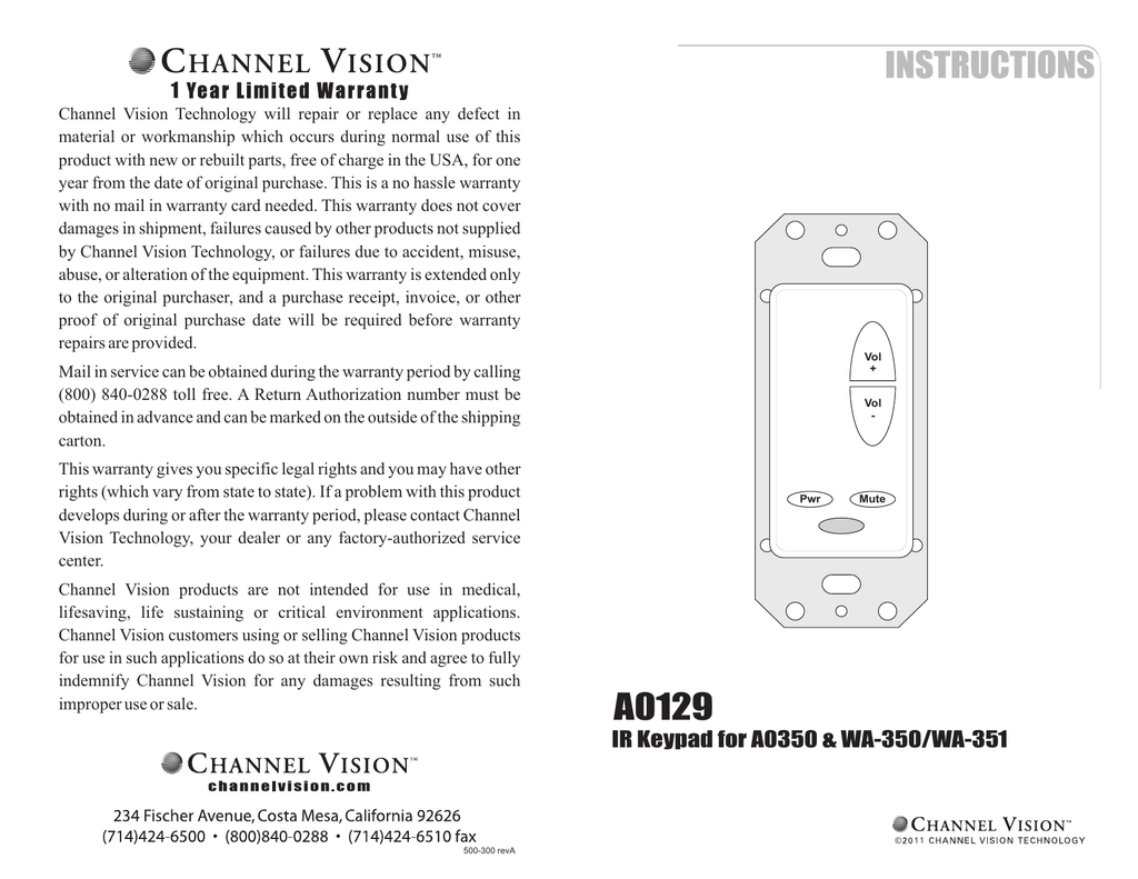 Channel Vision A0129 Keypad Controller for Single Room Systems