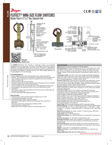 Dwyer Flotect Series V6 Mini-Size Flow Switch 1-1/2 NPT Process Connection Brass Tee SPDT Snap Switch Brass Upper and Lower Housing Dwyer Flotect Series V6 Mini-Size Flow Switch 1-1/2 NPT Process Connection Brass Tee SPDT Snap Switch Brass Upper and Lower Housing