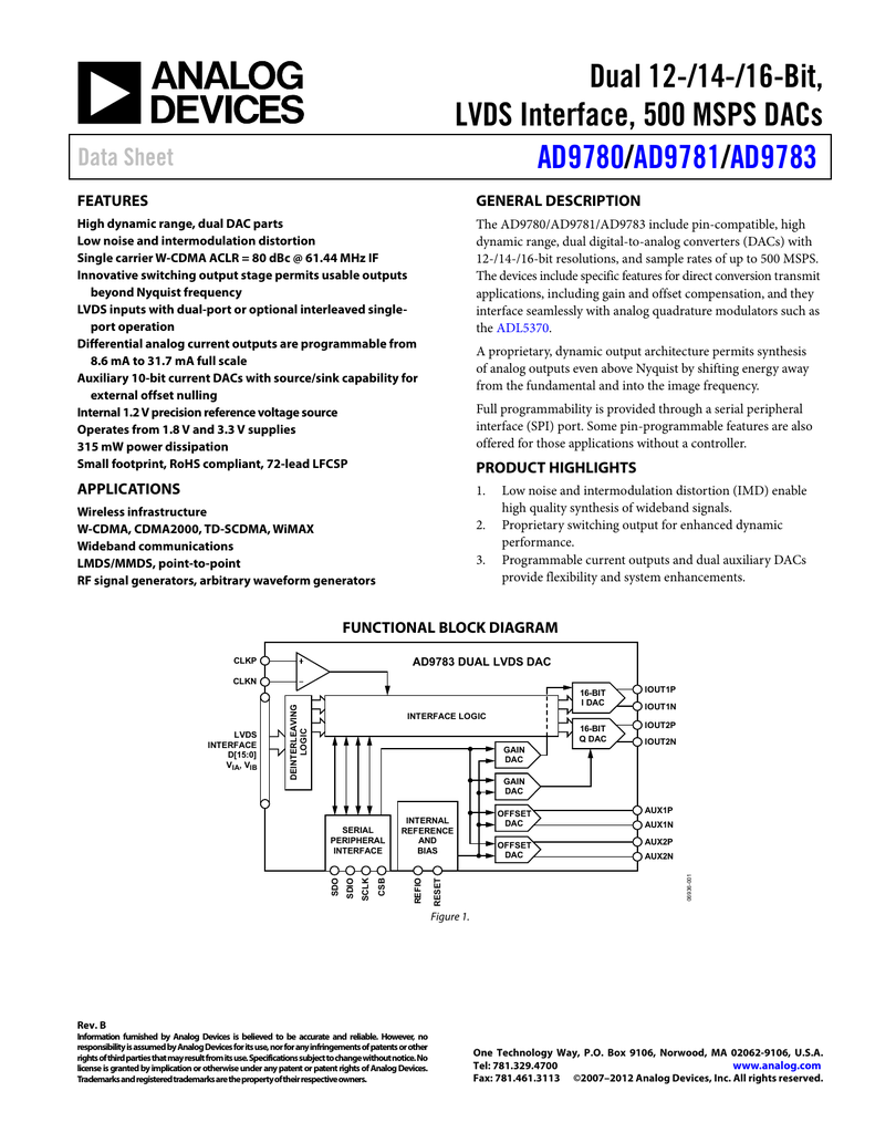dual 12 14 16 bit, lvds interface, 500 msps dacs ad9780