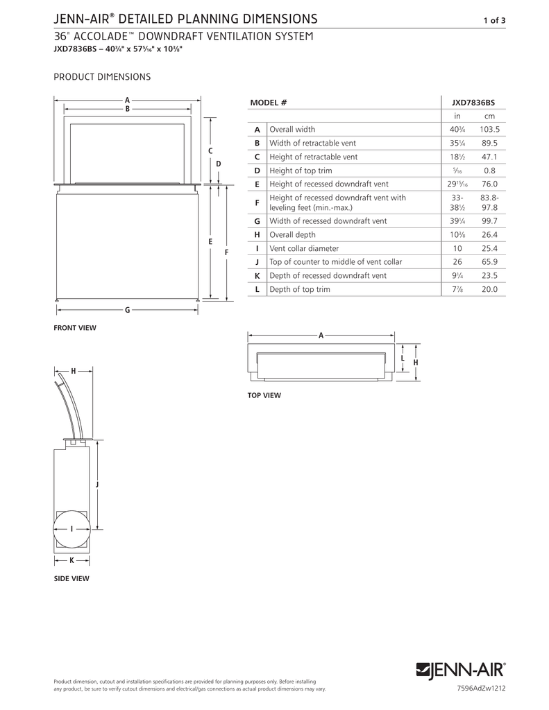 JENNAIR DETAILED PLANNING DIMENSIONS 36" ACCOLADE DOWNDRAFT