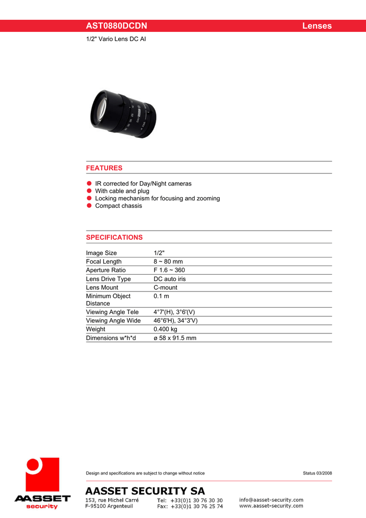 sset Ast 00dcdn Cctv Camera Lenses Datasheet Manualzz