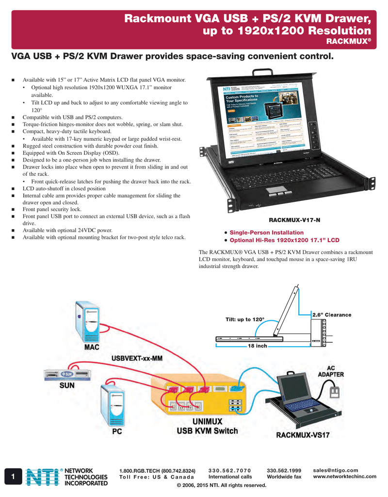 Rackmount Vga Usb Ps 2 Kvm Drawer Up To 1920x1200 Resolution