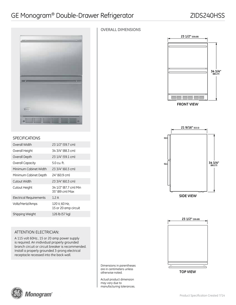Zids240hss Ge Monogram Double Drawer Refrigerator Overall