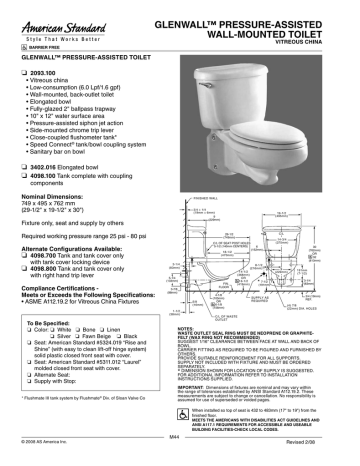 American Standard Cadet 4098.100 Features & Dimensions | Manualzz