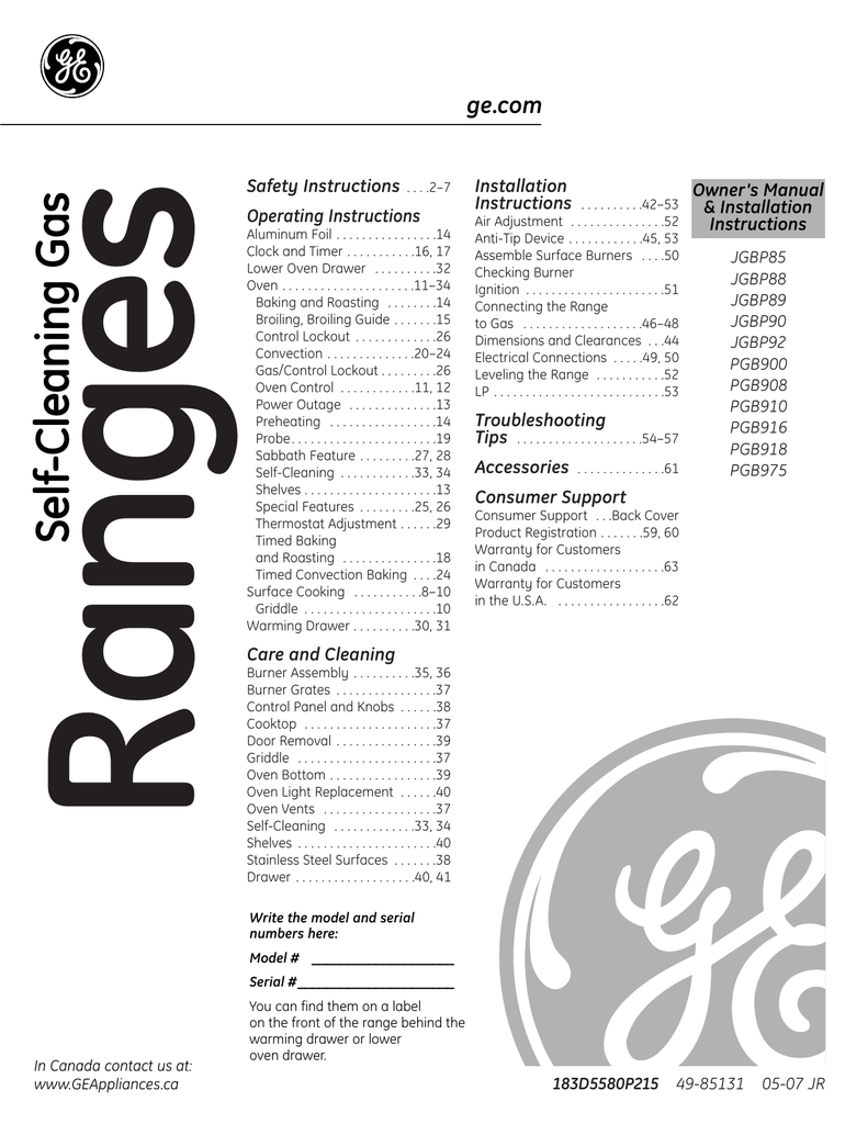 GE Profile JGBP85CEBCC 30" FreeStanding Gas Range Owner's Manual