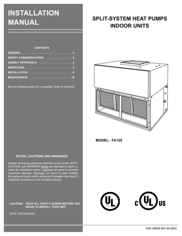 Unitary products group FA120 Installation manual | Manualzz