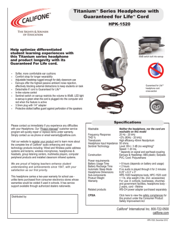 Califone HPK-1520 Titanium™ Series Headphone Specification Sheet | Manualzz