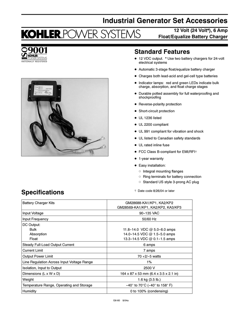 Business KOHLER GM96383 Battery Charger 12V 6A Business & Industrial