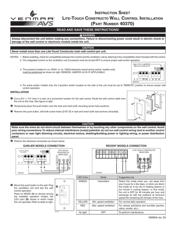 Venmar Lite-Touch Constructo Wall Control Air Exchangers Accessory