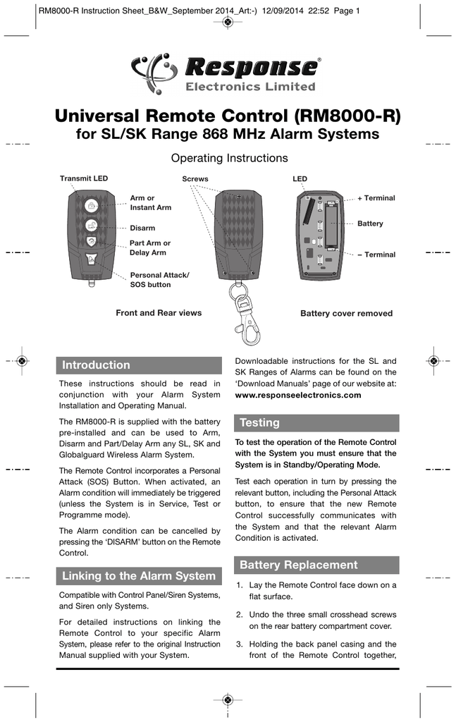 Response Alarms HIS9A 868MHz Compatible Executive Remote RM8000-R INC GUIDE 