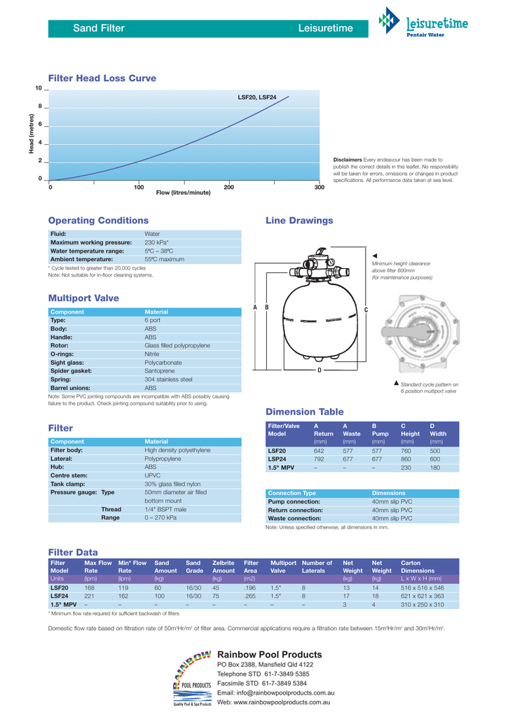 Sand Filter Leisuretime Filter Head Loss Curve Manualzz