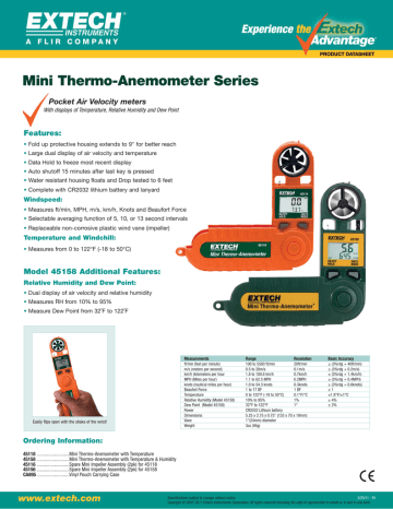 Extech Instruments 45118 Mini Thermo-Anemometer Datasheet | Manualzz