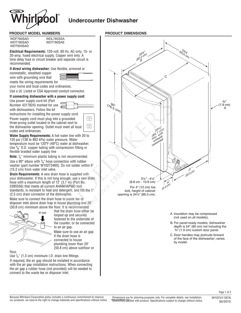 whirlpool dishwasher specifications