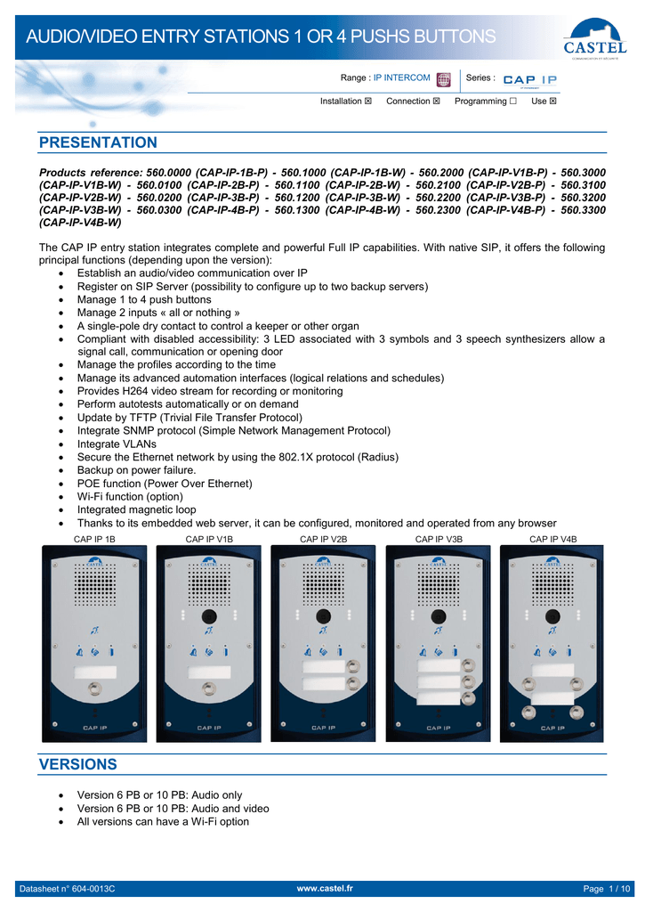 Data Sheet For Cap Models Up To 4 Buttons With/Without Video | Manualzz